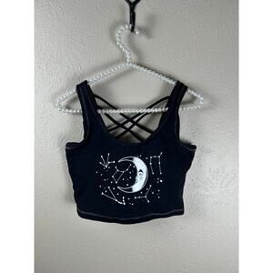 Y2K Hell Bunny Crop Top Size Small Black Celestial Stars Moon Astronomy Shirt